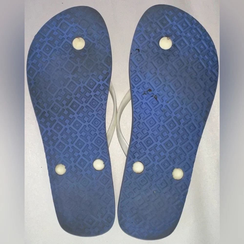 Tory Burch Festival Linosa Logo Thongs Sandals Leather Upper Blue Shoes 8